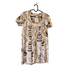 NWT! SCARLET ROOS Paris Mod Retro Print 100% Silk Tunic Mini Dress, taupe brown